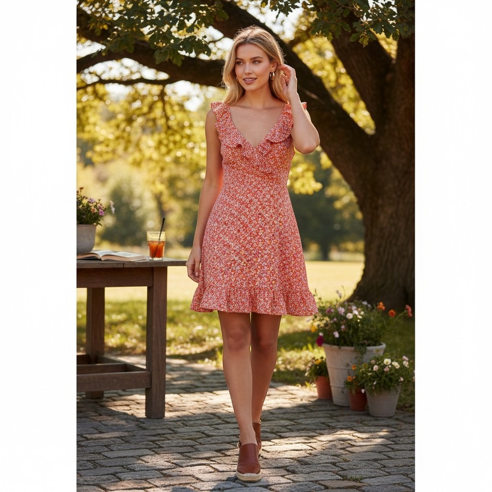 City Studio‎ Floral Print Ruffle Trim Mini Dress V-Neck Sundress Size 9 NWT